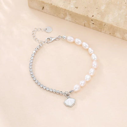 Bracelet coquillage en argent massif S925 avec véritable perle d'eau douce