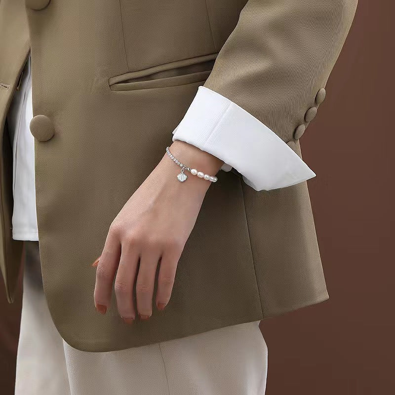 Pulsera de concha de plata maciza S925 con perla de agua dulce genuina
