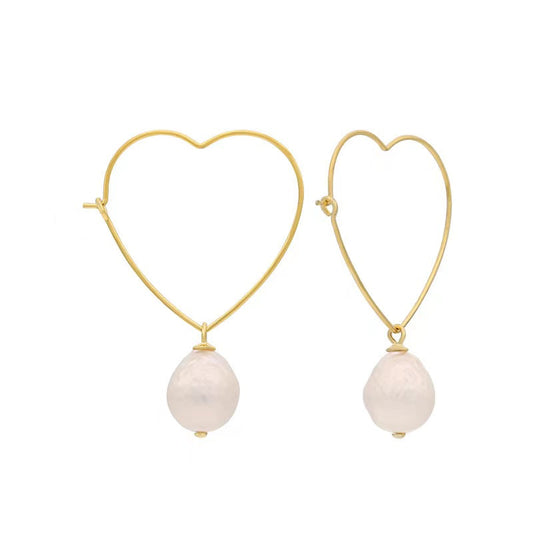Boucles d'oreilles cœur en argent massif S925 avec véritable perle baroque