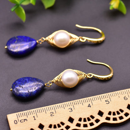 Boucles d'oreilles en perles d'eau douce baroques véritables et œil de lapis-lazuli (édition limitée)