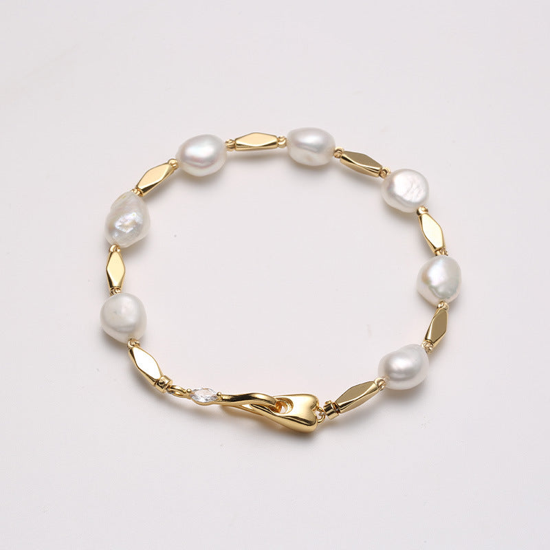 Baroque Freshwater Pearl & Rhombus Alloy Bracelet