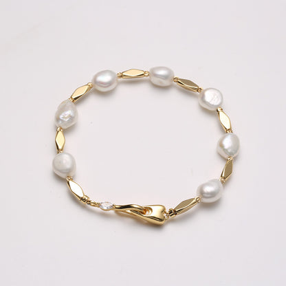 Baroque Freshwater Pearl & Rhombus Alloy Bracelet