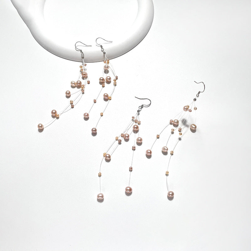 Genuine Freshwater Pearl Solid 925 Silver Stardust Tassel Earrings