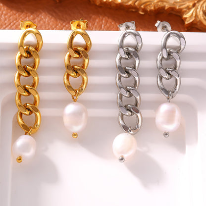 Pendientes irregulares de acero y titanio con perla de agua dulce genuina