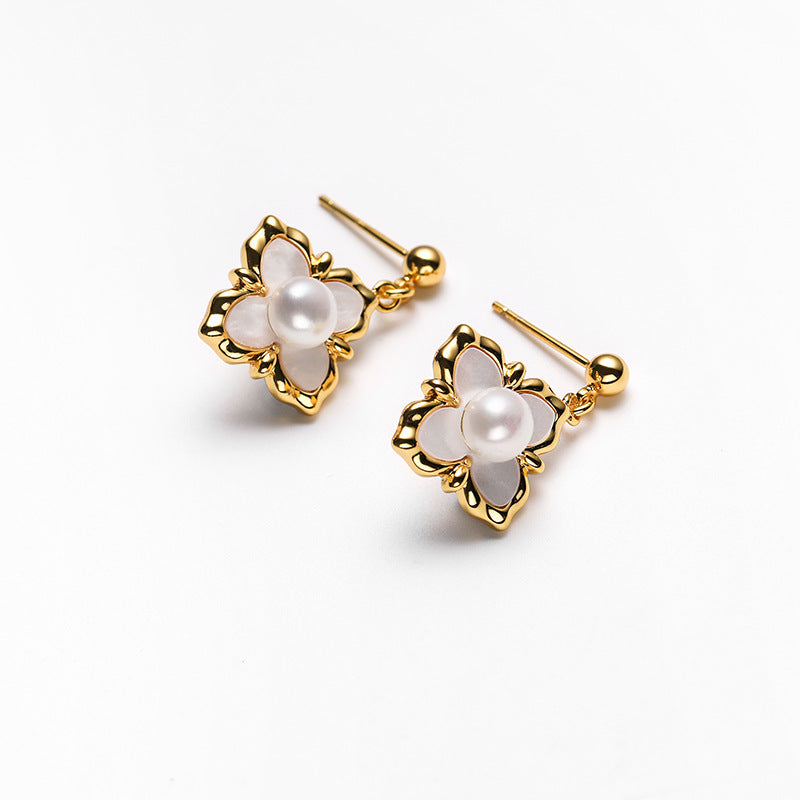 Genuine Freshwater Pearl Solid 925 Silver Fleur Earrings