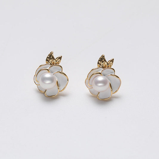 Pendientes de camelia de plata maciza S925 con auténtica perla de agua dulce