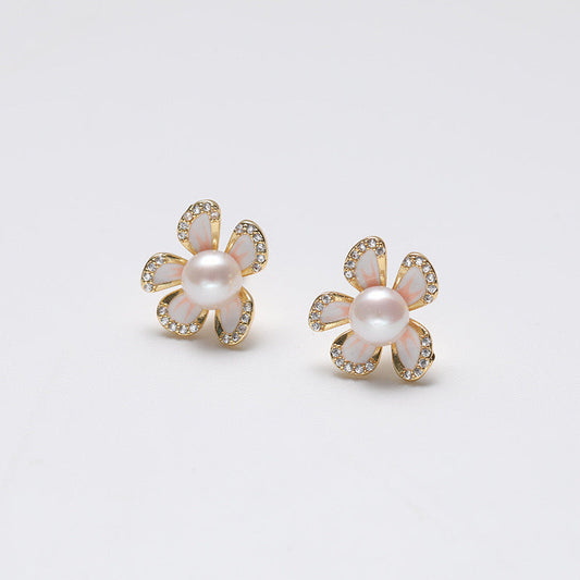 Pendientes de flor de plata maciza S925 con auténtica perla de agua dulce