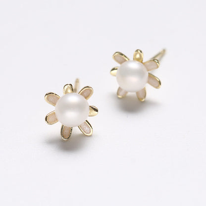 Pendientes de girasol dorado de plata maciza S925 con auténtica perla de agua dulce