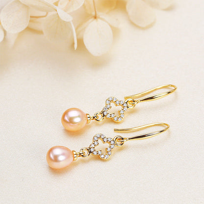 Brass Plated with 18K Gold Genuine Freshwater Pearl Golden Clover Earrings