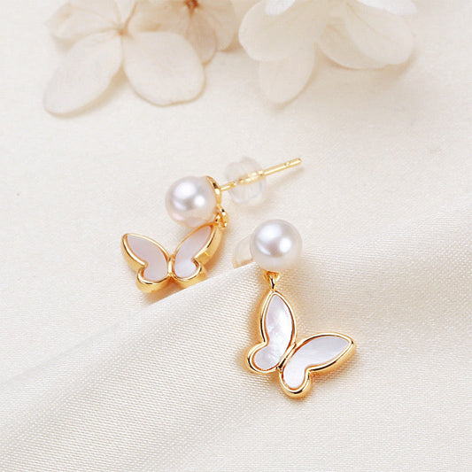 Pendientes de mariposa con perlas de agua dulce genuinas de plata maciza S925