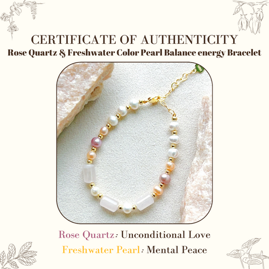 Pulsera energética de equilibrio de cuarzo rosa y perla de agua dulce