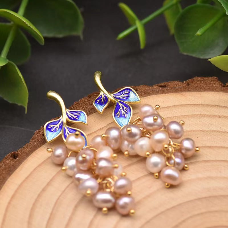 Pendientes de hada azul con auténtica perla de agua dulce