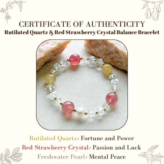 Pulsera de equilibrio de cuarzo rutilado y cristal de fresa roja