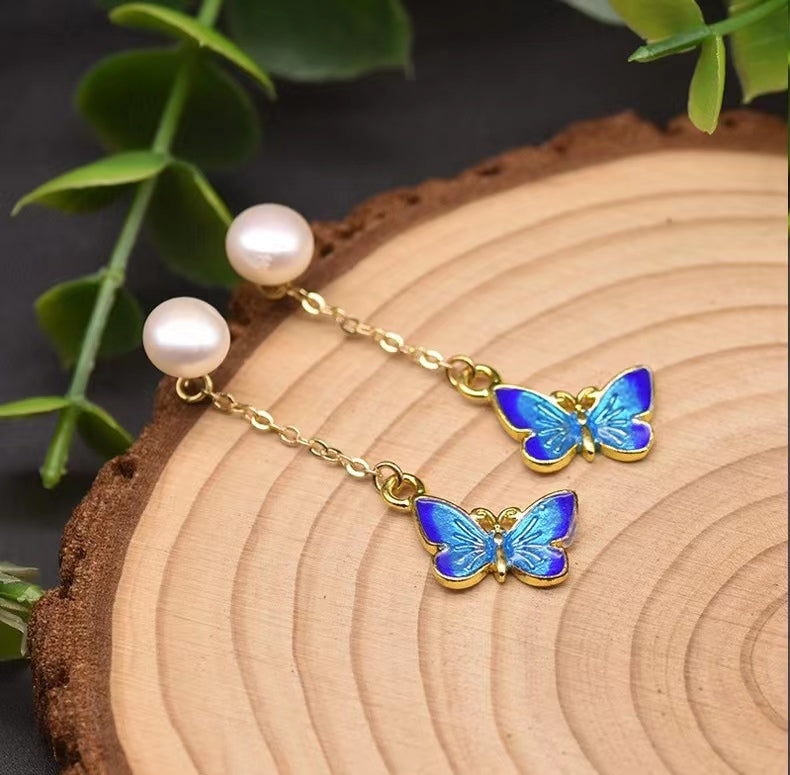 Boucles d'oreilles papillon bleues en perles baroques d'eau douce véritables (édition limitée)
