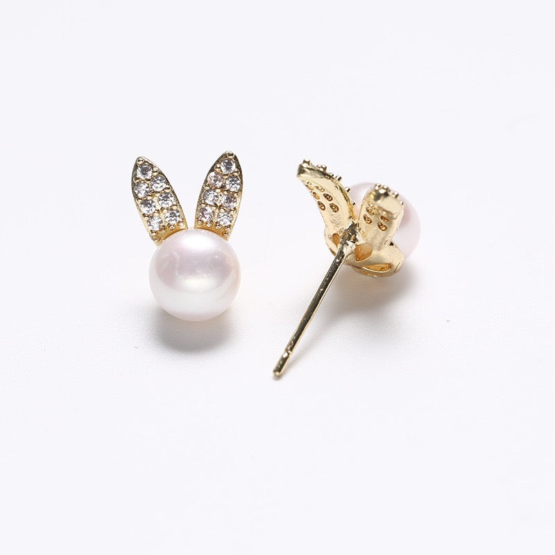 Pendientes de conejo dorados de plata maciza S925 con auténtica perla de agua dulce
