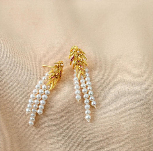 Boucles d'oreilles feuilles d'automne en argent massif S925 avec perles d'eau douce véritables