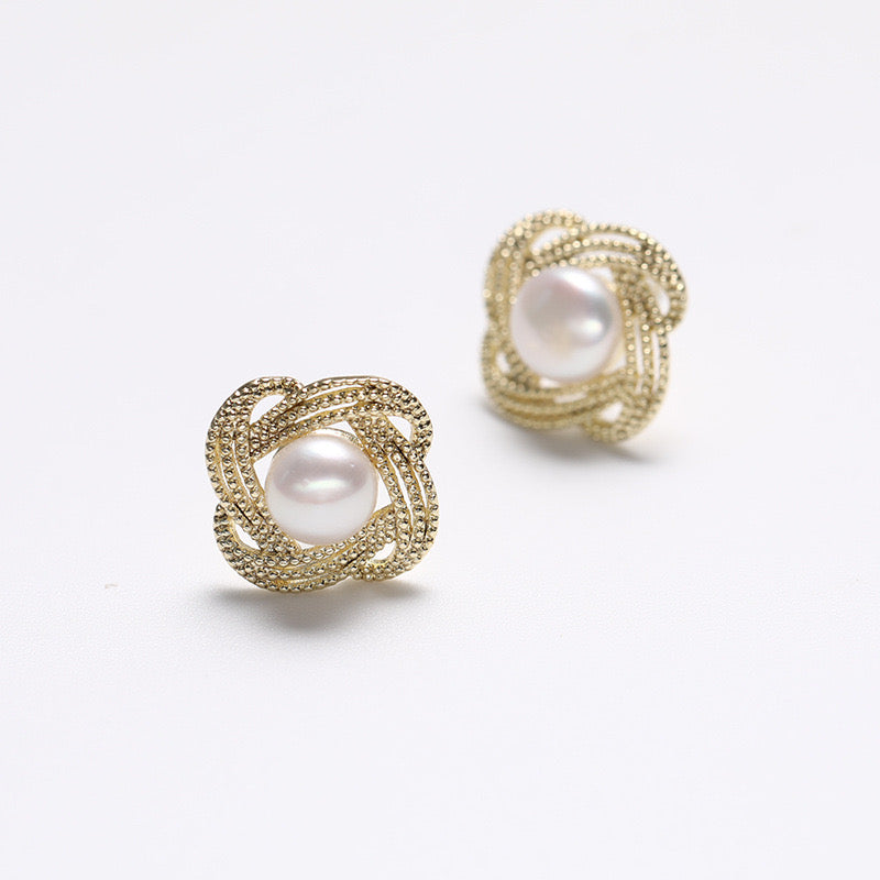 Boucles d'oreilles spirales en argent massif S925 avec perles d'eau douce véritables