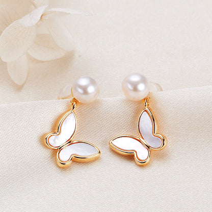 Pendientes de mariposa con perlas de agua dulce genuinas de plata maciza S925