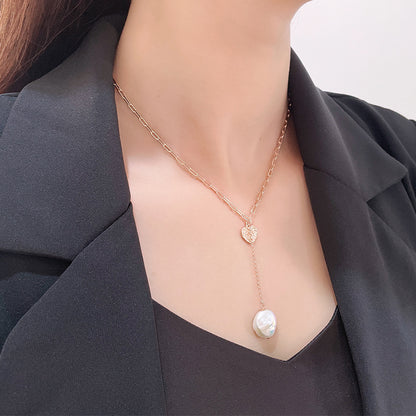 Collar de corazón de la suerte de plata maciza S925 con perla barroca auténtica