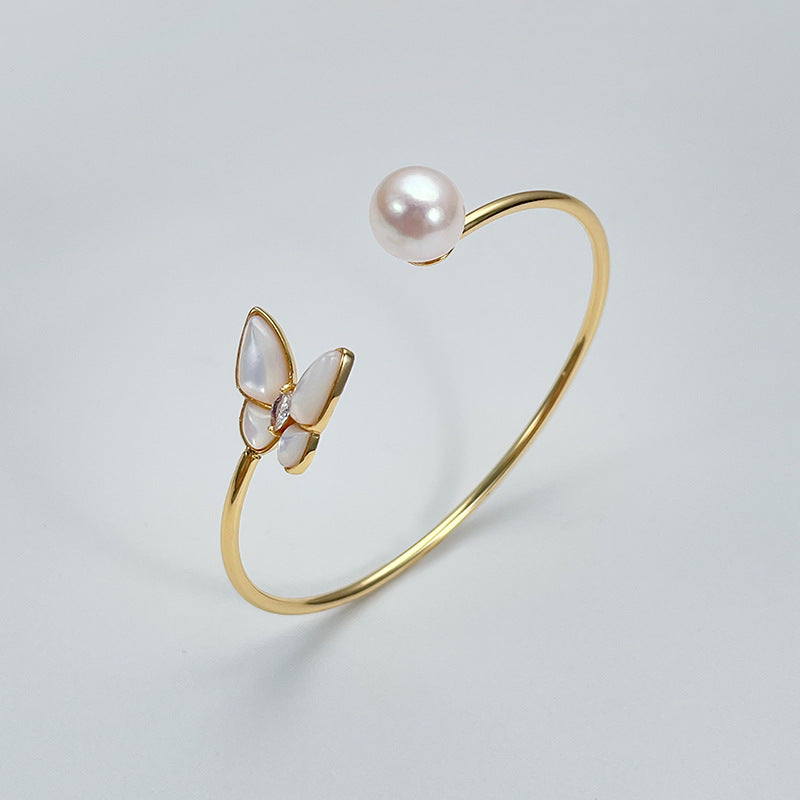 Freshwater Pearl Pearl & Butterfly Open Bangle