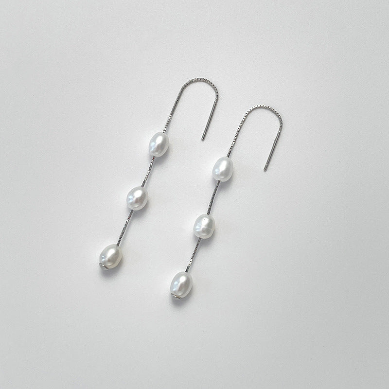 Genuine Freshwater Pearl Solid 925 Silver Éline Threader Earrings