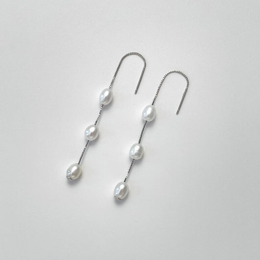 Genuine Freshwater Pearl Solid 925 Silver Éline Threader Earrings