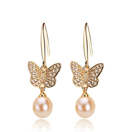 Boucles d'oreilles papillon dorées en laiton plaqué or 18 carats avec véritable perle d'eau douce