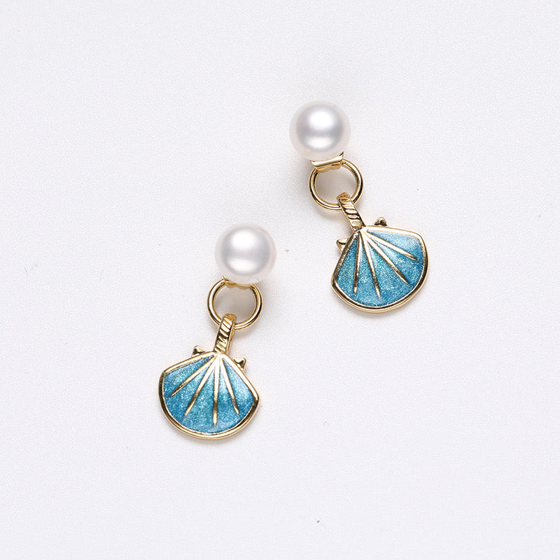Boucles d'oreilles coquillage bleu en argent massif S925 et véritable perle d'eau douce