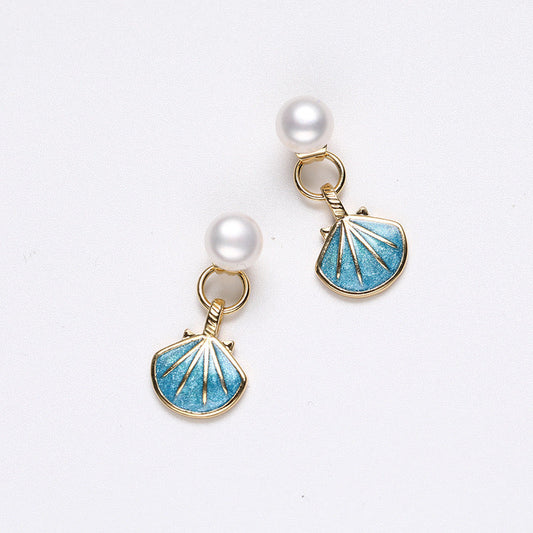 Pendientes de concha azul de plata maciza S925 con perla de agua dulce genuina