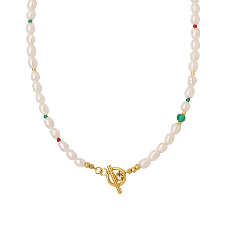 Collar de ojo verde de acero y titanio con perla de agua dulce genuina