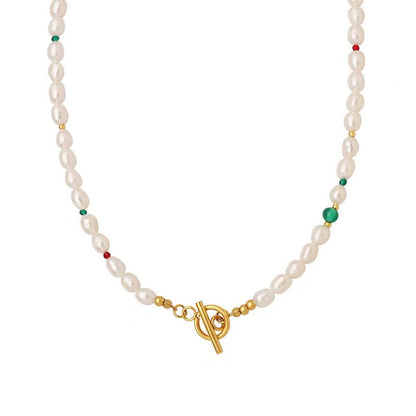Collar de ojo verde de acero y titanio con perla de agua dulce genuina