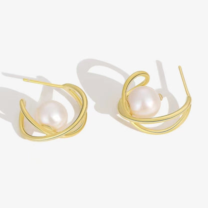 Boucles d'oreilles croix en argent massif S925 avec véritable perle d'eau douce