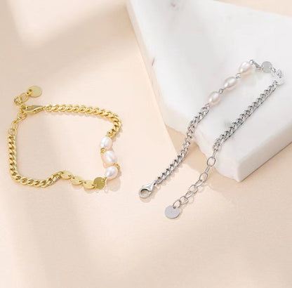Pulsera de tres deseos de plata maciza S925 con perlas de agua dulce genuinas