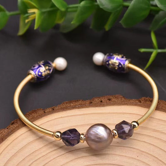Bracelet en véritable perle d'eau douce baroque violette et améthyste (édition limitée)
