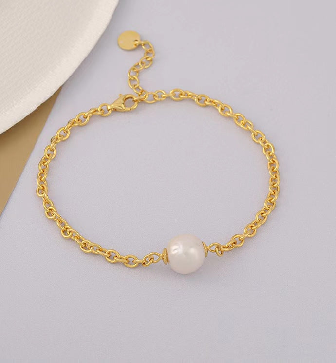 Pulsera de cadena con mitología de plata maciza S925 con auténtica perla barroca