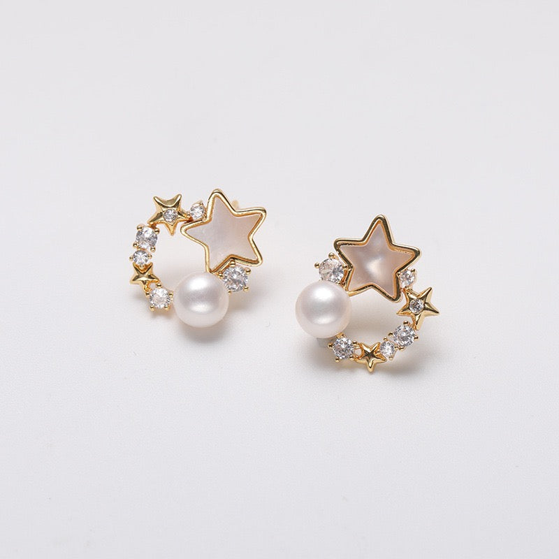 Pendientes de luna y estrella de plata maciza S925 con auténtica perla de agua dulce