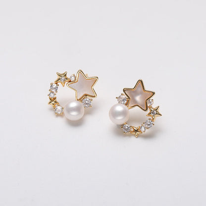 Boucles d'oreilles en argent massif S925 avec perles d'eau douce véritables et étoiles