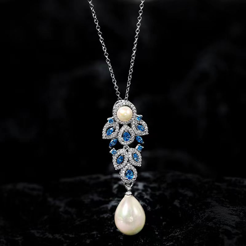 Genuine freshwater pearl blue diamond necklace - front view