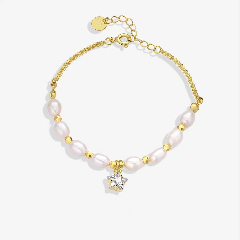 Pulsera Meteorito de Plata S925 Sólida con Perla de Agua Dulce Genuina