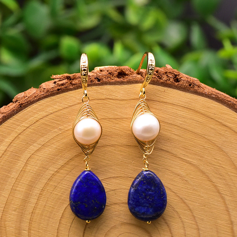 Boucles d'oreilles en perles d'eau douce baroques véritables et œil de lapis-lazuli (édition limitée)