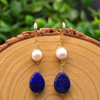 Boucles d'oreilles en perles d'eau douce baroques véritables et œil de lapis-lazuli (édition limitée)