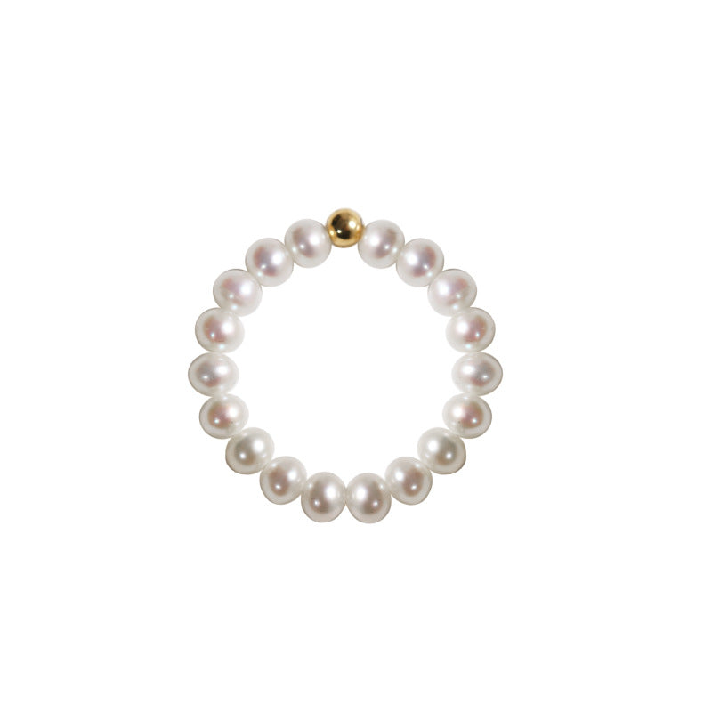 Anillo de arroz con perla de agua dulce genuina de oro macizo de 18 quilates