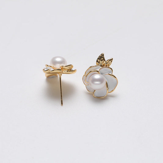 Pendientes de camelia de plata maciza S925 con auténtica perla de agua dulce
