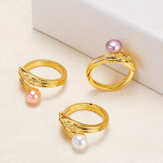 Bague ailes en laiton plaqué or 18 carats avec véritable perle d'eau douce