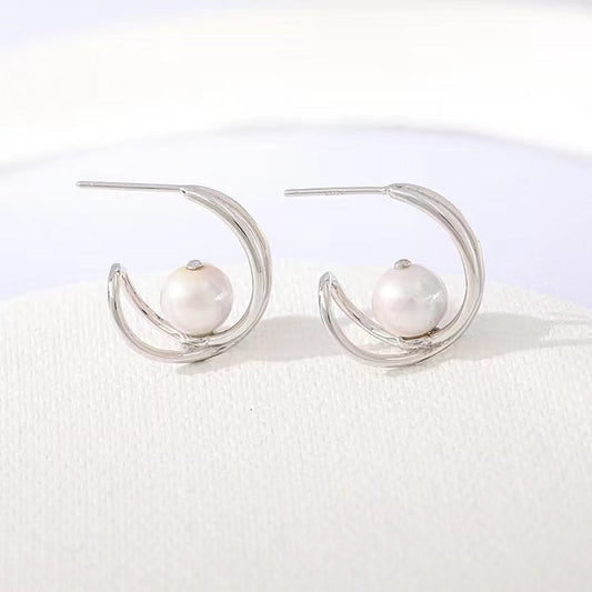 Boucles d'oreilles croix en argent massif S925 avec véritable perle d'eau douce