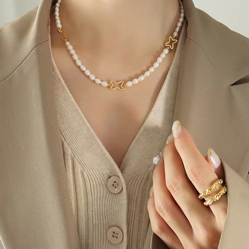 Collar de estrella fugaz de titanio con perla de agua dulce genuina