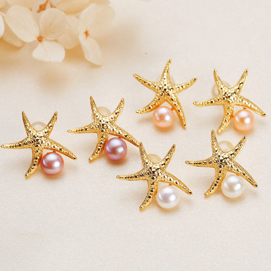 Boucles d'oreilles étoile de mer en laiton plaqué or 18 carats et véritables perles d'eau douce