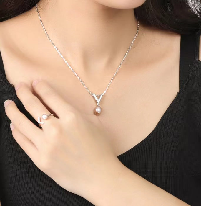 Conjunto de plata maciza S925 con auténtica perla de agua dulce