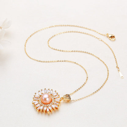 Brass Plated with 18K Gold Genuine Freshwater Pearl chrysanthemum Necklace