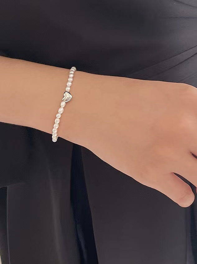 Pulsera de plata maciza S925 con forma de corazón y perlas de agua dulce auténticas